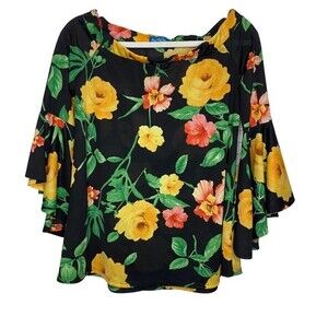 Vintage Willy Jay's Floral Rose Print Blouse with Flutter Sleeves Size S